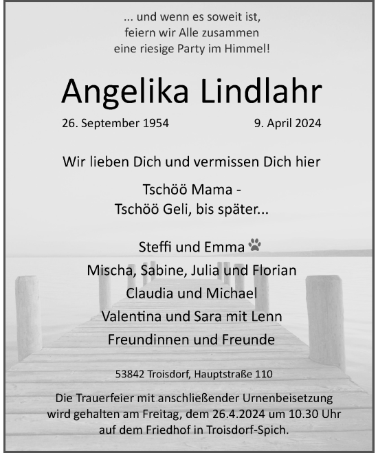 Anzeige von Angelika Lindlahr von General-Anzeiger Bonn