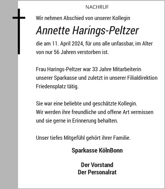 Anzeige von Annette Harings-Peltzer von General-Anzeiger Bonn