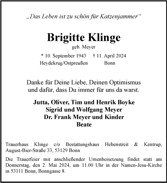 Anzeige von Brigitte Klinge von General-Anzeiger Bonn