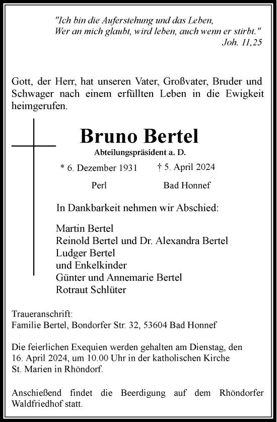 Anzeige von Bruno Bertel von General-Anzeiger Bonn