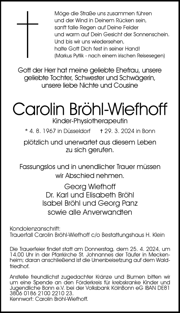  Traueranzeige für Carolin Bröhl-Wiefhoff vom 13.04.2024 aus General-Anzeiger Bonn
