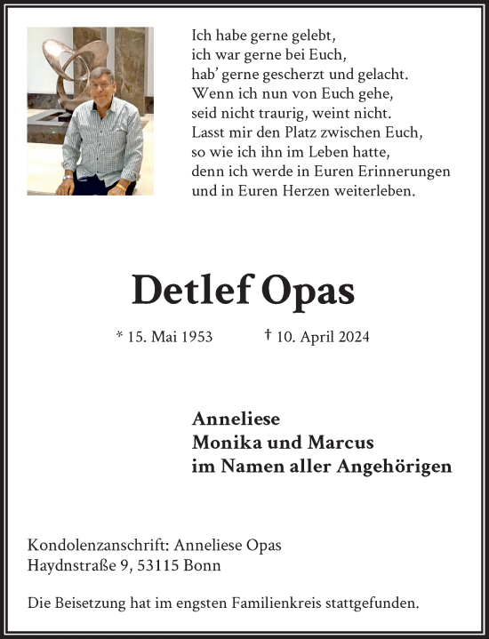 Anzeige von Detlef Opas von General-Anzeiger Bonn