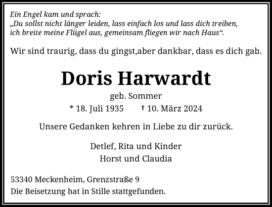 Anzeige von Doris Harwardt von General-Anzeiger Bonn
