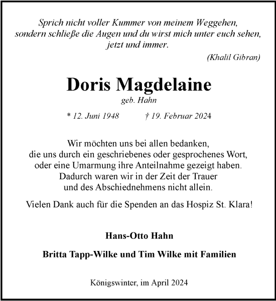 Anzeige von Doris Magdelaine von General-Anzeiger Bonn