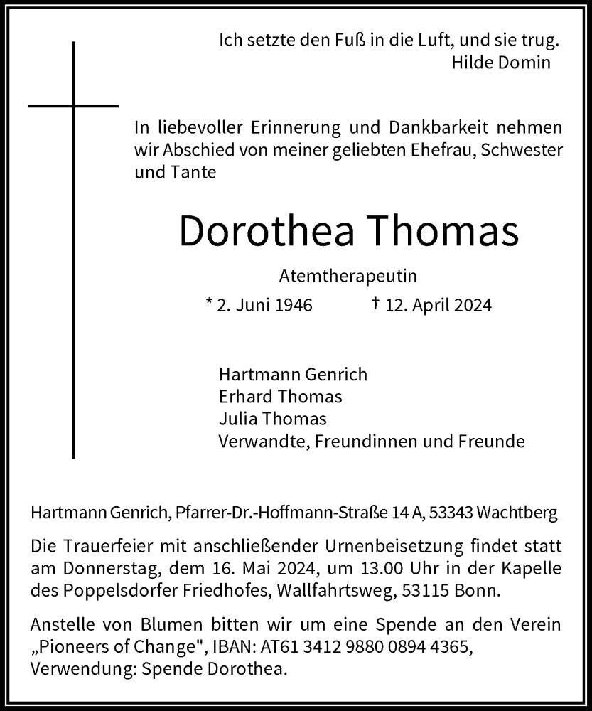  Traueranzeige für Dorothea Thomas vom 27.04.2024 aus General-Anzeiger Bonn