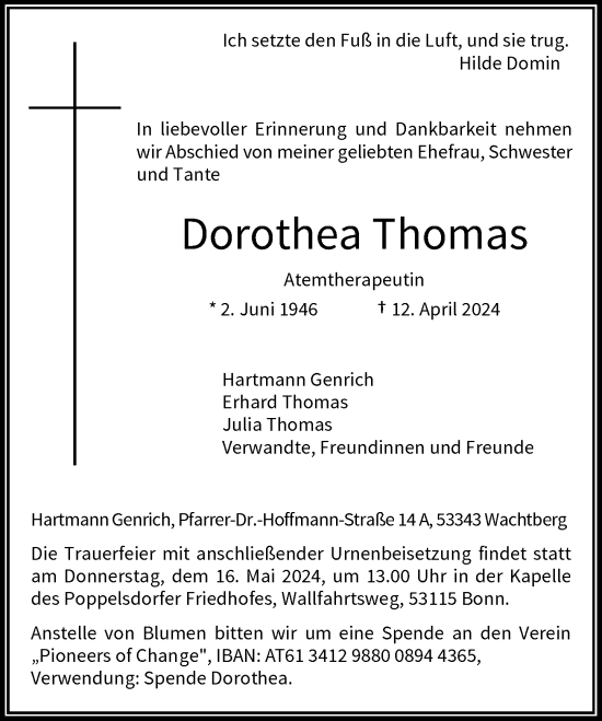 Anzeige von Dorothea Thomas von General-Anzeiger Bonn