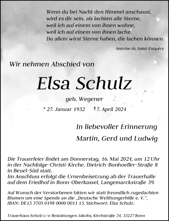 Anzeige von Elsa Schulz von General-Anzeiger Bonn
