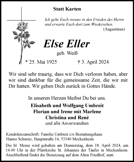 Anzeige von Else Eller von General-Anzeiger Bonn
