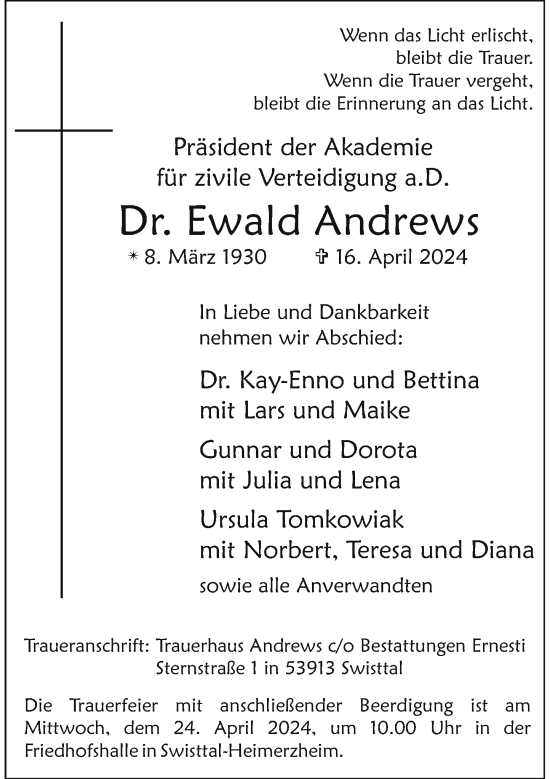 Anzeige von Ewald Andrews von General-Anzeiger Bonn