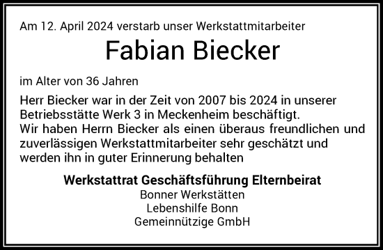 Anzeige von Fabian Biecker von General-Anzeiger Bonn