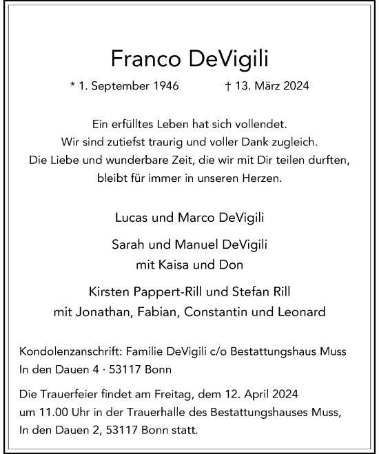 Anzeige von Franco DeVigili von General-Anzeiger Bonn