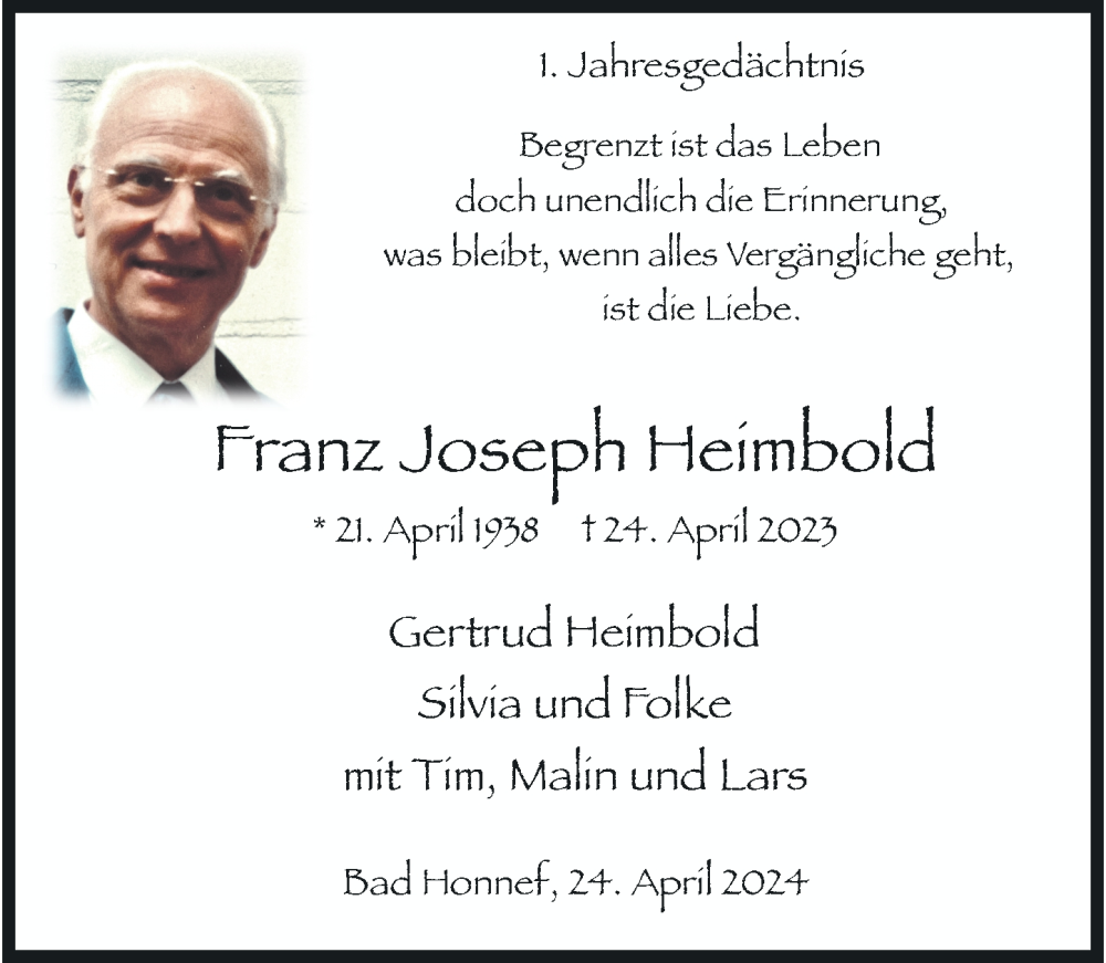  Traueranzeige für Franz Joseph Heimbold vom 20.04.2024 aus General-Anzeiger Bonn