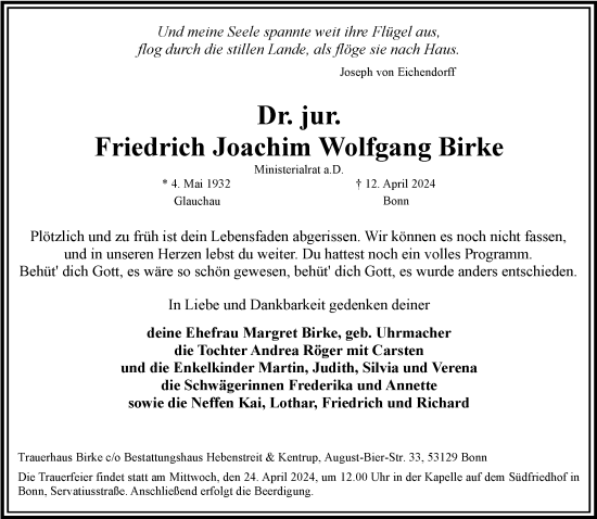 Anzeige von Friedrich Joachim Wolfgang Birke von General-Anzeiger Bonn