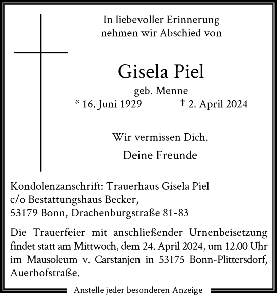 Anzeige von Gisela Piel von General-Anzeiger Bonn