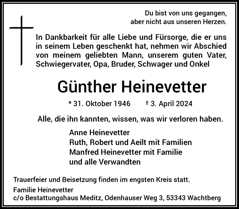  Traueranzeige für Günther Heinevetter vom 13.04.2024 aus General-Anzeiger Bonn