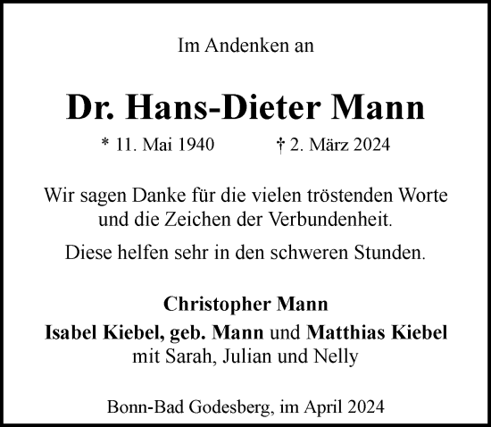 Anzeige von Hans-Dieter Mann von General-Anzeiger Bonn