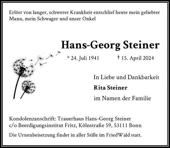 Anzeige von Hans-Georg Steiner von General-Anzeiger Bonn