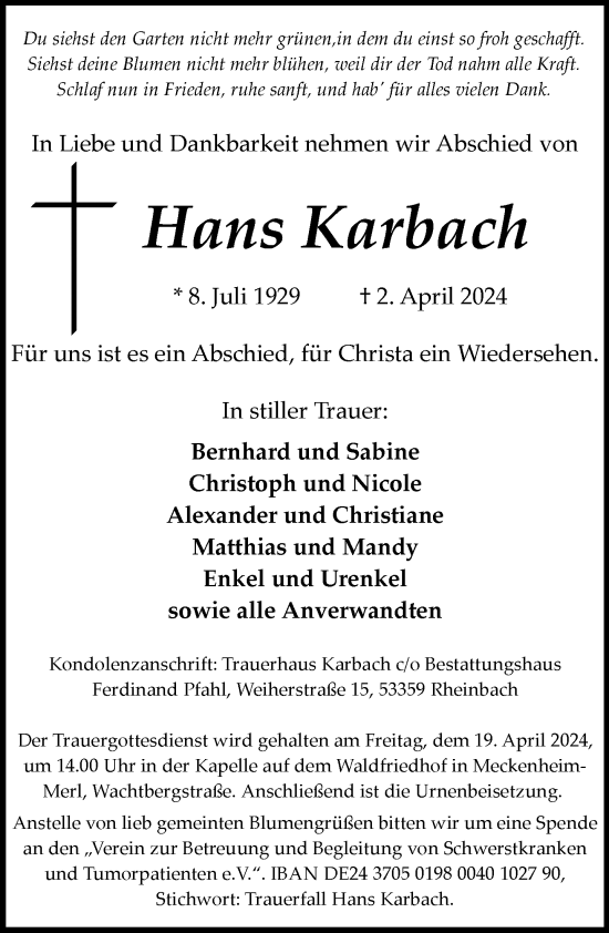 Anzeige von Hans Karbach von General-Anzeiger Bonn