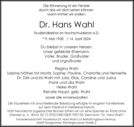 Anzeige von Hans Wahl von General-Anzeiger Bonn