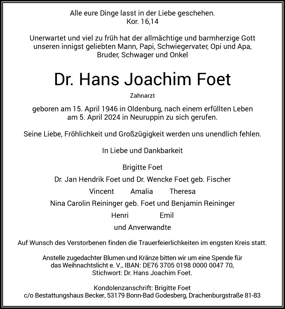  Traueranzeige für Hans Joachim Foet vom 13.04.2024 aus General-Anzeiger Bonn