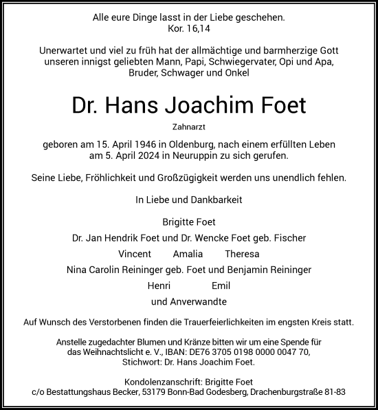 Anzeige von Hans Joachim Foet von General-Anzeiger Bonn
