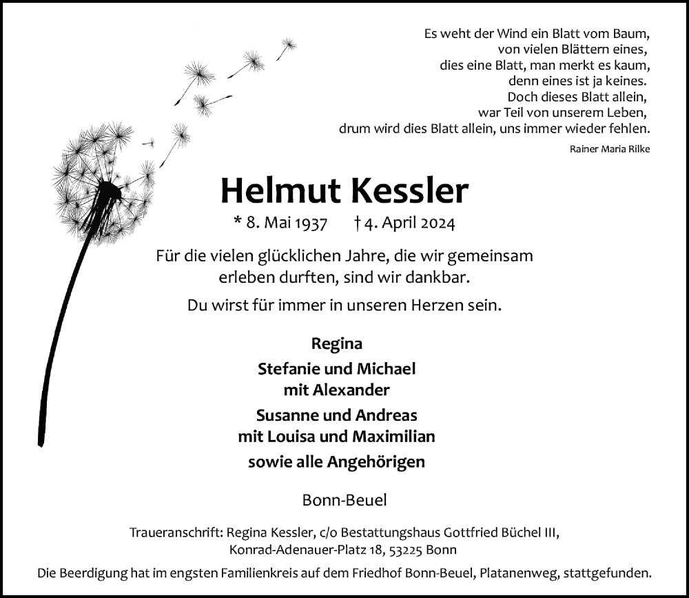  Traueranzeige für Helmut Kessler vom 20.04.2024 aus General-Anzeiger Bonn