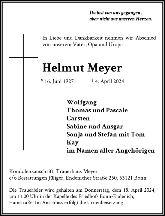 Anzeige von Helmut Meyer von General-Anzeiger Bonn