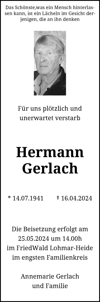  Traueranzeige für Hermann Gerlach vom 27.04.2024 aus General-Anzeiger Bonn