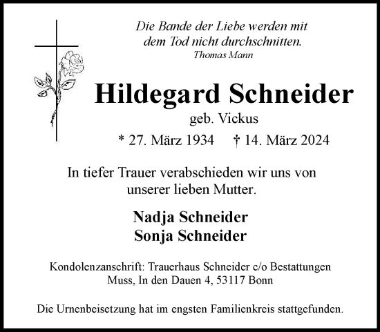 Anzeige von Hildegard Schneider von General-Anzeiger Bonn