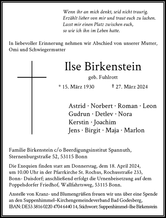 Anzeige von Ilse Birkenstein von General-Anzeiger Bonn