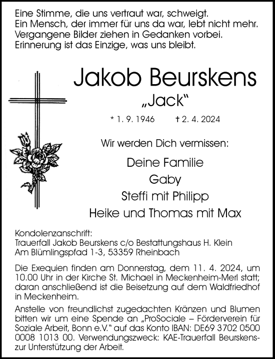 Anzeige von Jakob Beurskens von General-Anzeiger Bonn