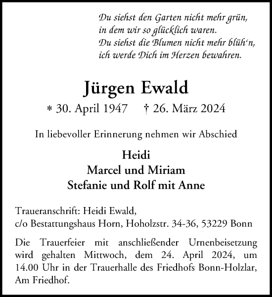 Anzeige von Jürgen Ewald von General-Anzeiger Bonn