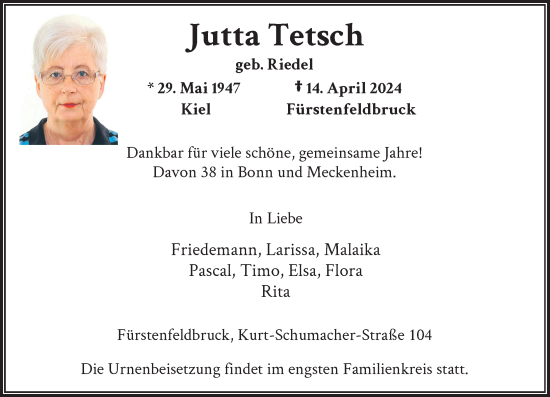 Anzeige von Jutta Tetsch von General-Anzeiger Bonn