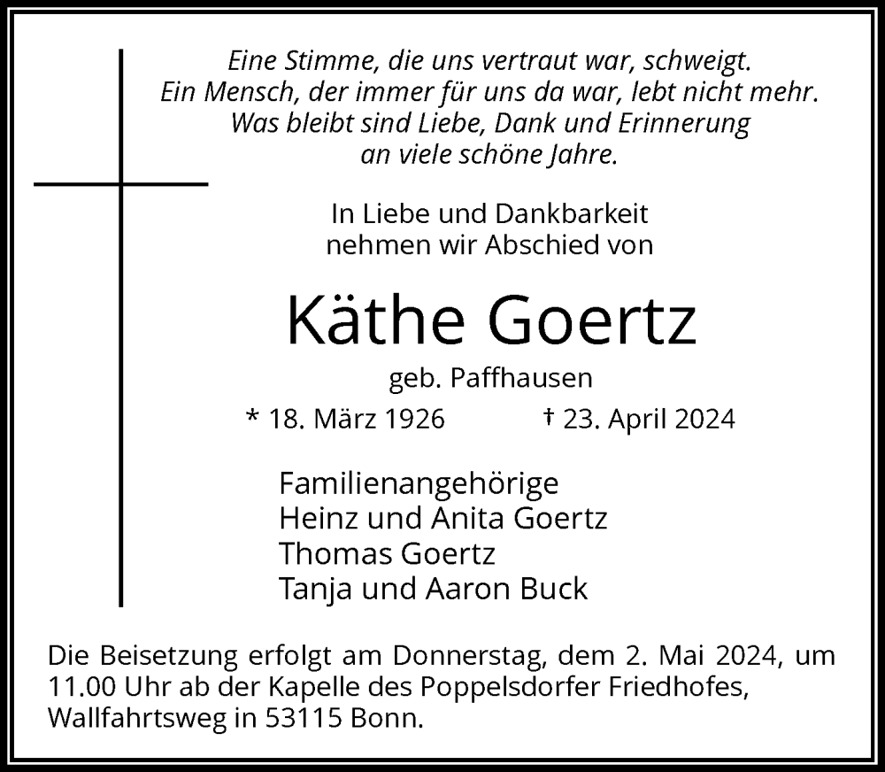  Traueranzeige für Käthe Goertz vom 27.04.2024 aus General-Anzeiger Bonn