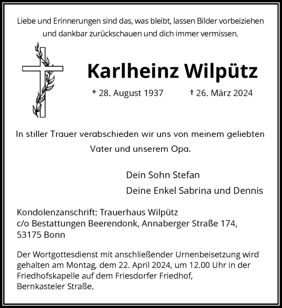 Anzeige von Karlheinz Wilpütz von General-Anzeiger Bonn