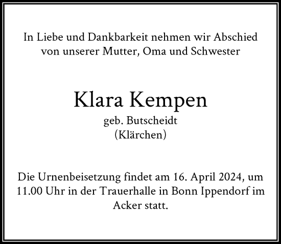 Anzeige von Klara Kempen von General-Anzeiger Bonn
