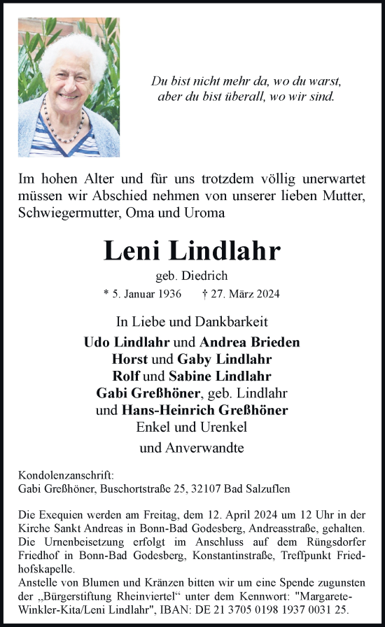 Anzeige von Leni Lindlahr von General-Anzeiger Bonn