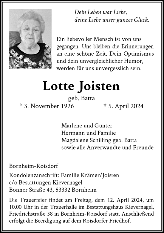 Anzeige von Lotte Joisten von General-Anzeiger Bonn
