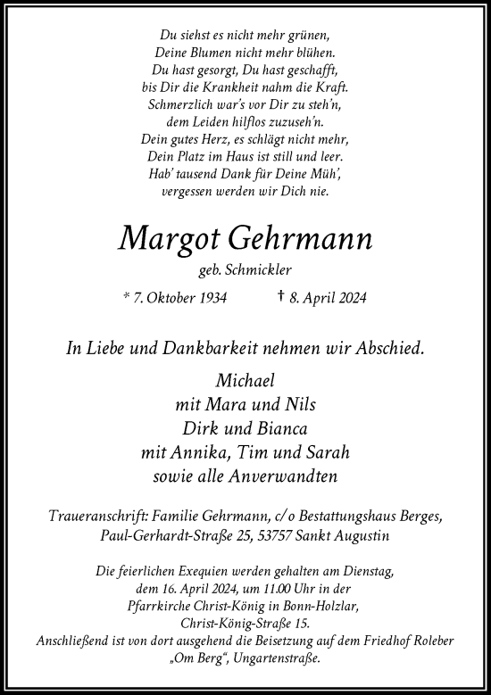 Anzeige von Margot Gehrmann von General-Anzeiger Bonn