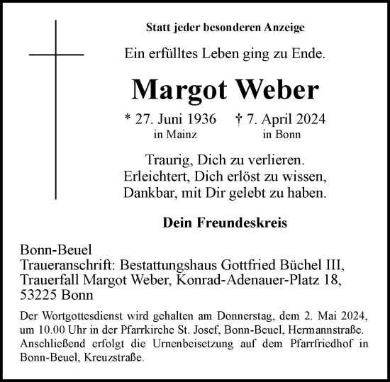 Anzeige von Margot Weber von General-Anzeiger Bonn