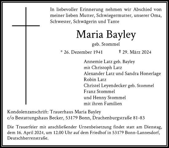 Anzeige von Maria Bayley von General-Anzeiger Bonn