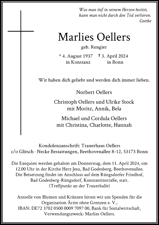 Anzeige von Marlies Oellers von General-Anzeiger Bonn
