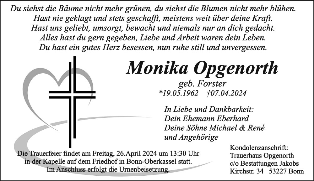  Traueranzeige für Monika Opgenorth vom 13.04.2024 aus General-Anzeiger Bonn