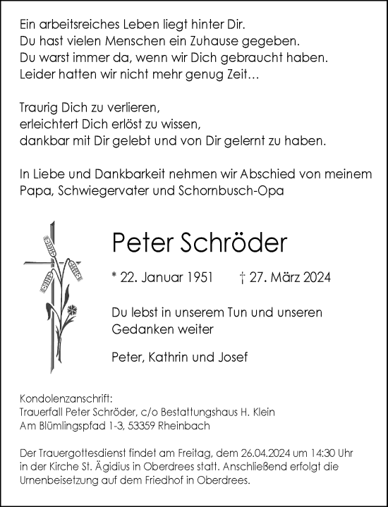 Anzeige von Peter Schröder von General-Anzeiger Bonn