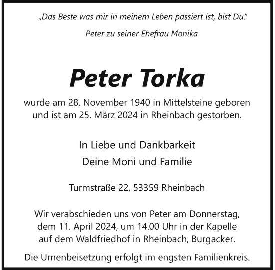 Anzeige von Peter Torka von General-Anzeiger Bonn