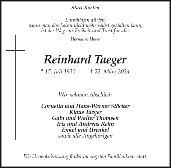 Anzeige von Reinhard Taeger von General-Anzeiger Bonn