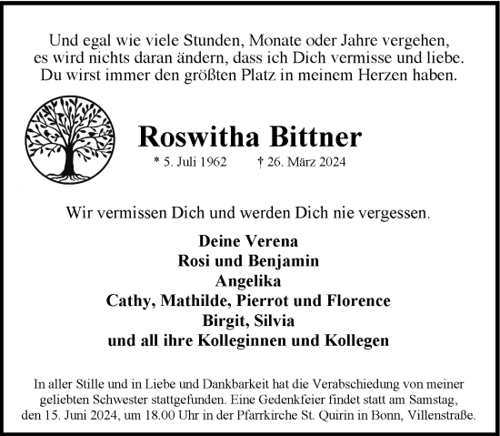 Anzeige von Roswitha Bittner von General-Anzeiger Bonn