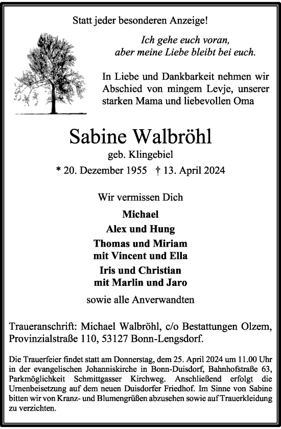 Anzeige von Sabine Walbröhl von General-Anzeiger Bonn