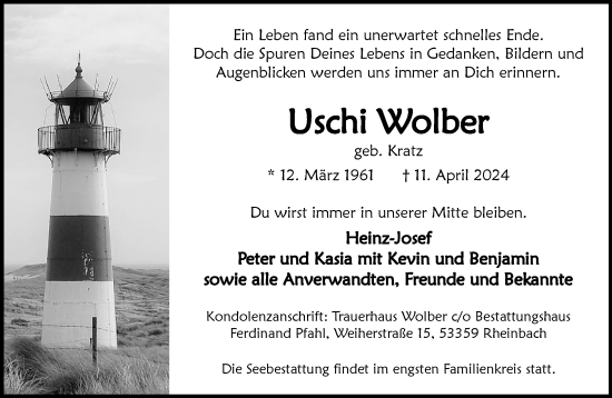 Anzeige von Uschi Wolber von General-Anzeiger Bonn