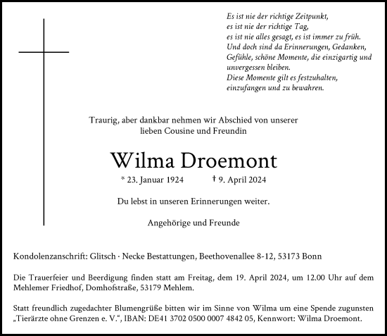 Anzeige von Wilma Droemont von General-Anzeiger Bonn